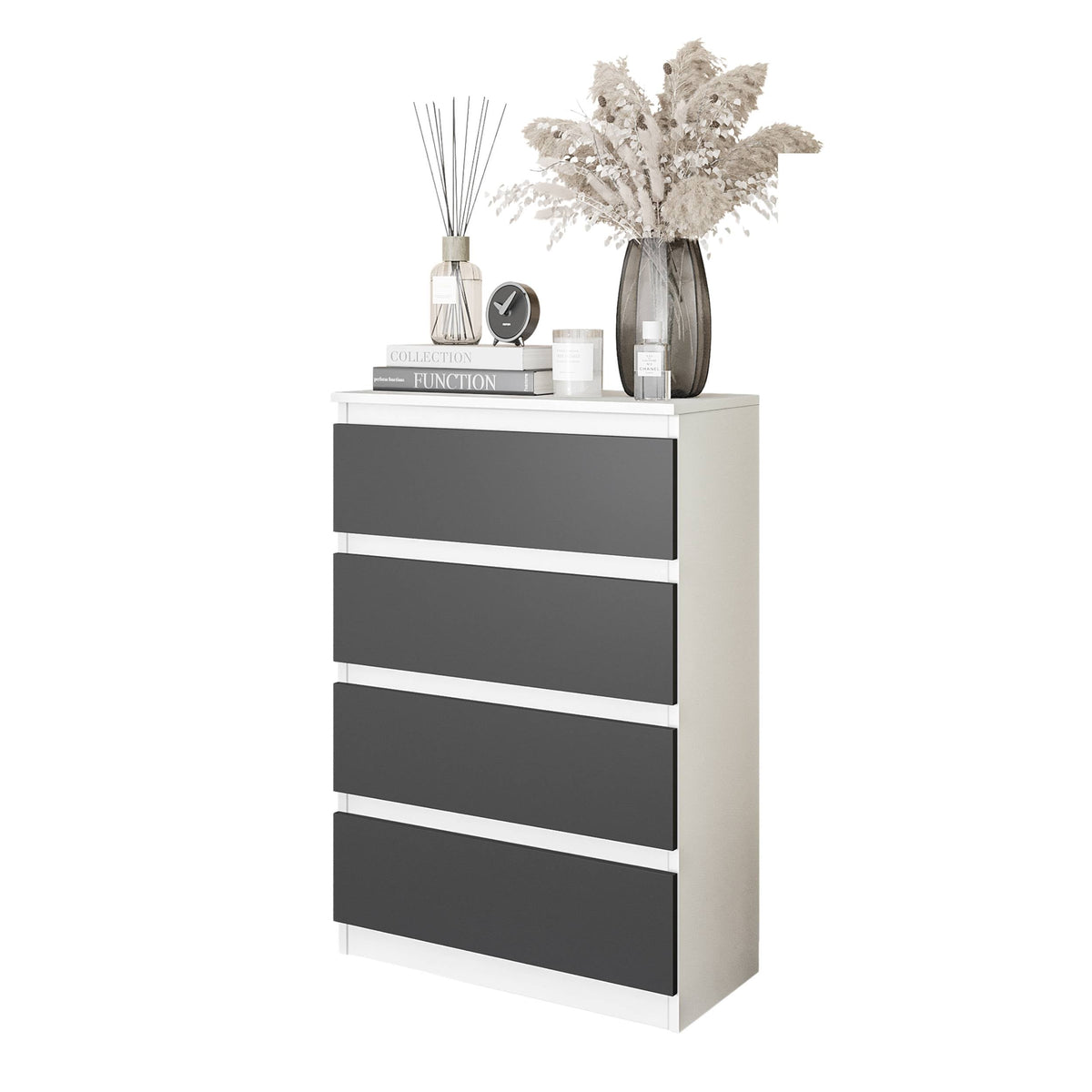 GABRIEL - Komoda s 4 zásuvkami - Skrinka na oblečenie do spálne - Biela matná / Antracit - V92cm Š60cm H33cm