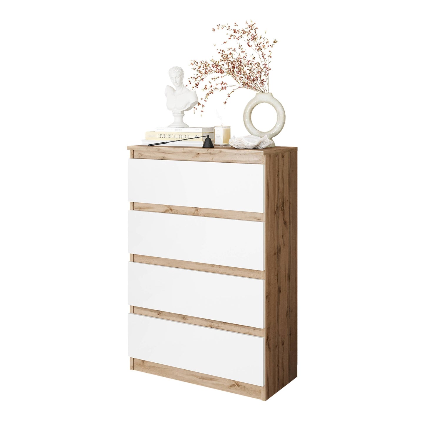 GABRIEL - Komoda s 4 zásuvkami - Skrinka na oblečenie do spálne - Dub Wotan / Biela matná - V92cm Š60cm H33cm