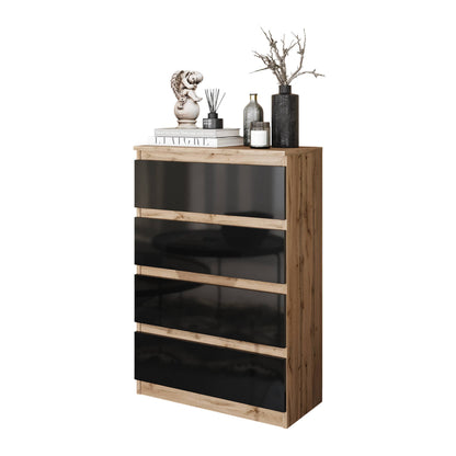 GABRIEL - Komoda s 4 zásuvkami - Skrinka na oblečenie do spálne - Dub Wotan / Čierny lesk - V92cm Š60cm H33cm