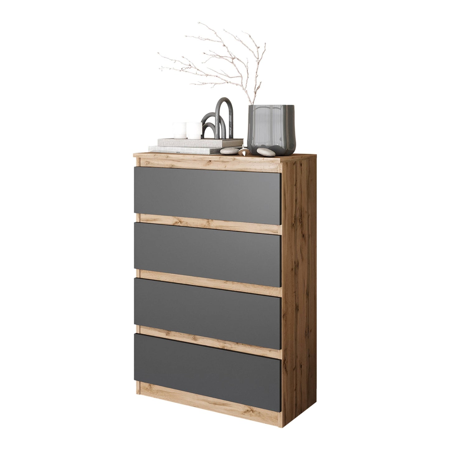 GABRIEL - Komoda s 4 zásuvkami - Skrinka na oblečenie do spálne - Dub Wotan / Antracit - V92cm Š60cm H33cm