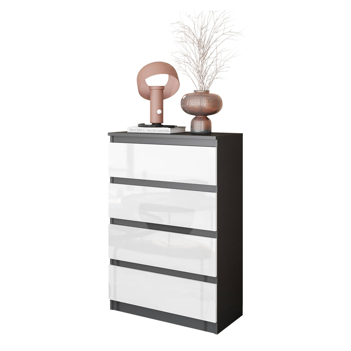GABRIEL - Komoda s 4 zásuvkami - Skrinka na oblečenie do spálne - Antracit / Biely lesk - V92cm Š60cm H33cm