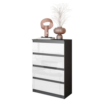 GABRIEL - Komoda s 4 zásuvkami - Skrinka na oblečenie do spálne - Antracit / Biely lesk - V92cm Š60cm H33cm