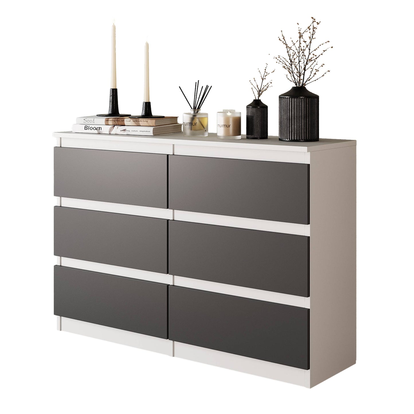 GABRIEL - Komoda s 6 zásuvkami - Skrinka na oblečenie do spálne - Biela matná / Antracit - V71cm Š100cm H33cm