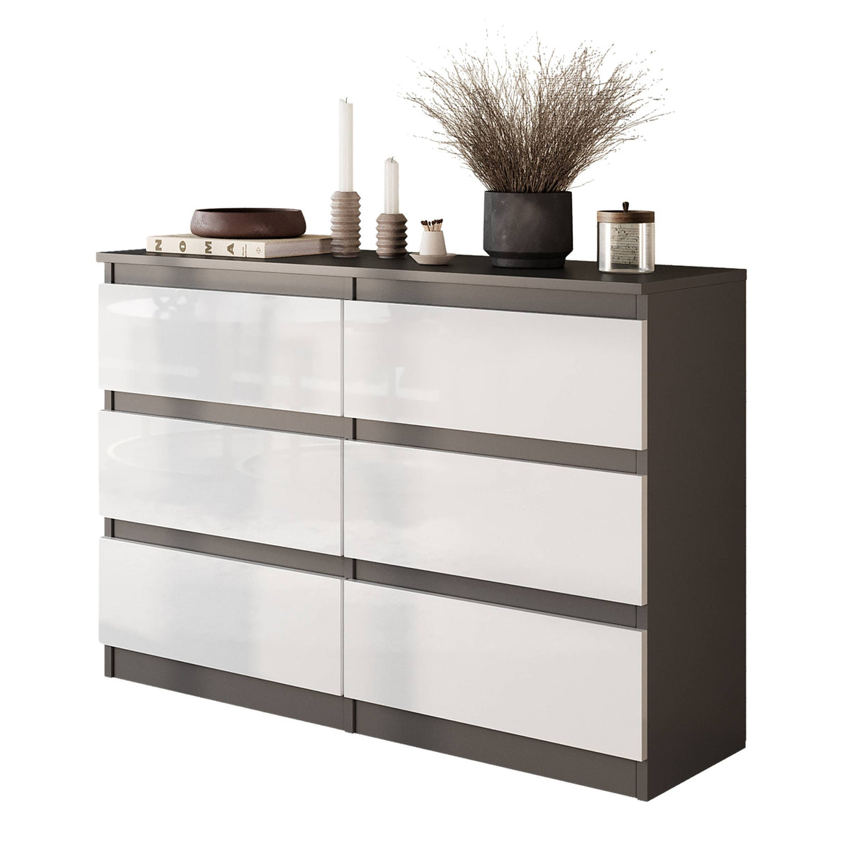 GABRIEL - Komoda s 6 zásuvkami - Skrinka na oblečenie do spálne - Antracit / Biely lesk - V71cm Š100cm H33cm