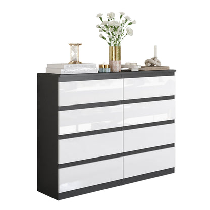 GABRIEL - Komoda s 8 zásuvkami - Skrinka na oblečenie do spálne - Antracit / Biely lesk - V92cm Š120cm H33cm