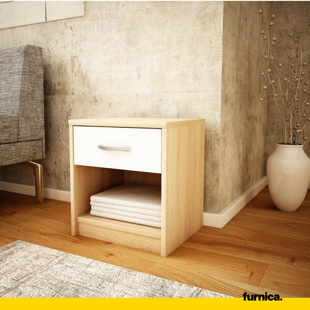 JULIA - Nočný stolík - Nocný stolík s 1 zásuvkou - Sonoma dub / Biela matná - Výška 45 cm, šírka 39 cm, hĺbka 35 cm.