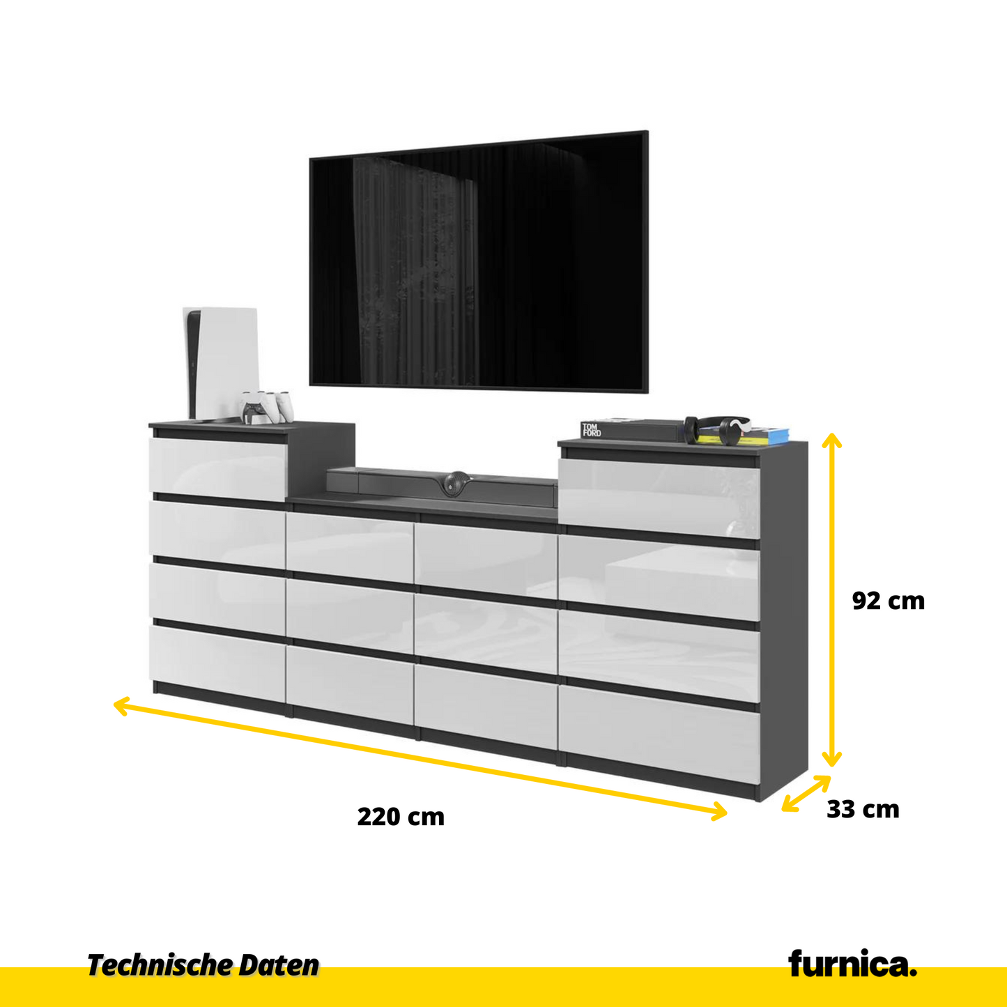 GABRIEL - Komoda s 14 zásuvkami (4+6+4) - Skrinka na oblečenie do spálne - Antracit / Biely lesk - V92/70cm Š220cm H33cm (2)