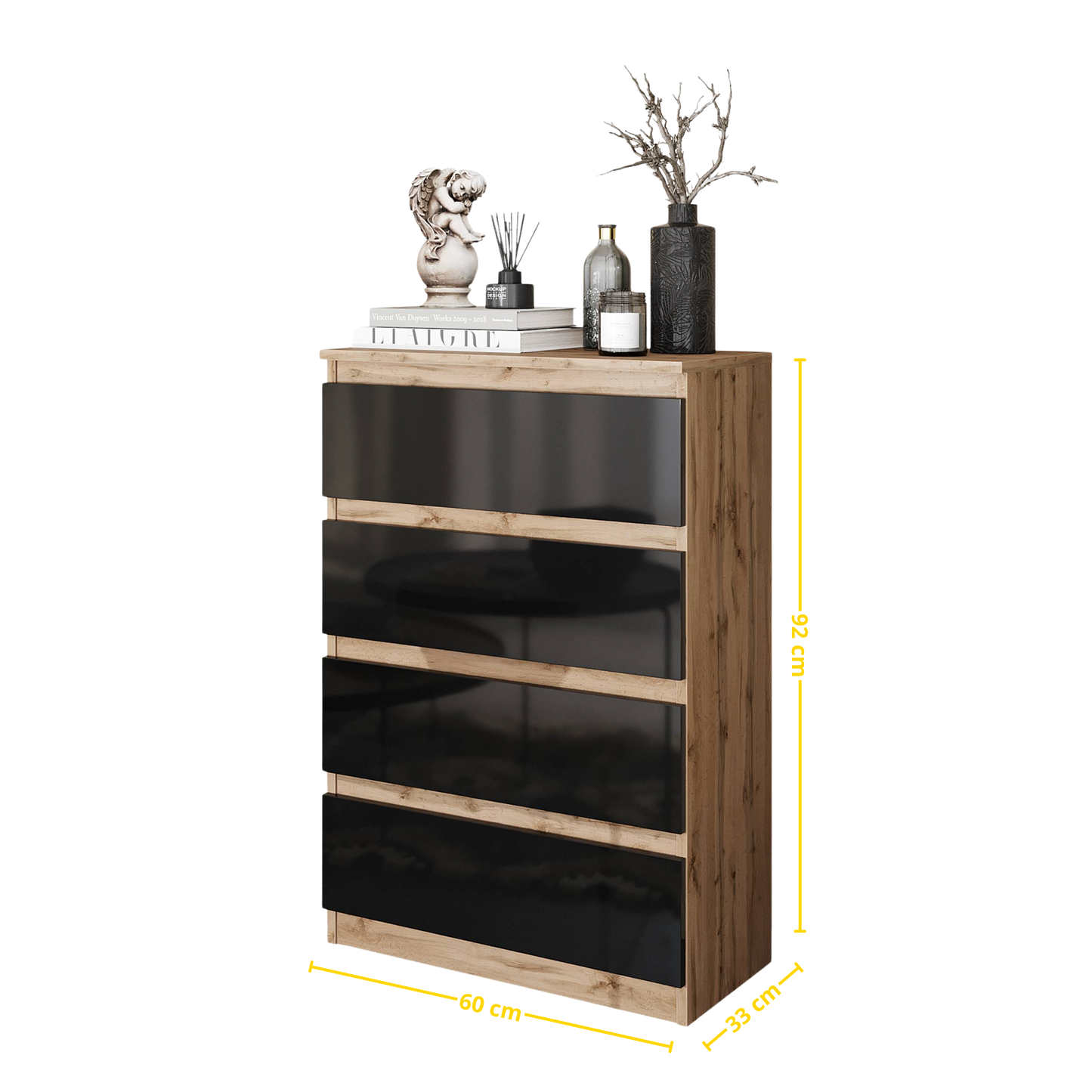 GABRIEL - Komoda s 4 zásuvkami - Skrinka na oblečenie do spálne - Dub Wotan / Čierny lesk - V92cm Š60cm H33cm (2)