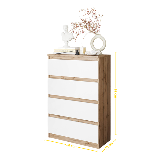 GABRIEL - Komoda s 4 zásuvkami - Skrinka na oblečenie do spálne - Dub Wotan / Biela matná - V92cm Š60cm H33cm (2)