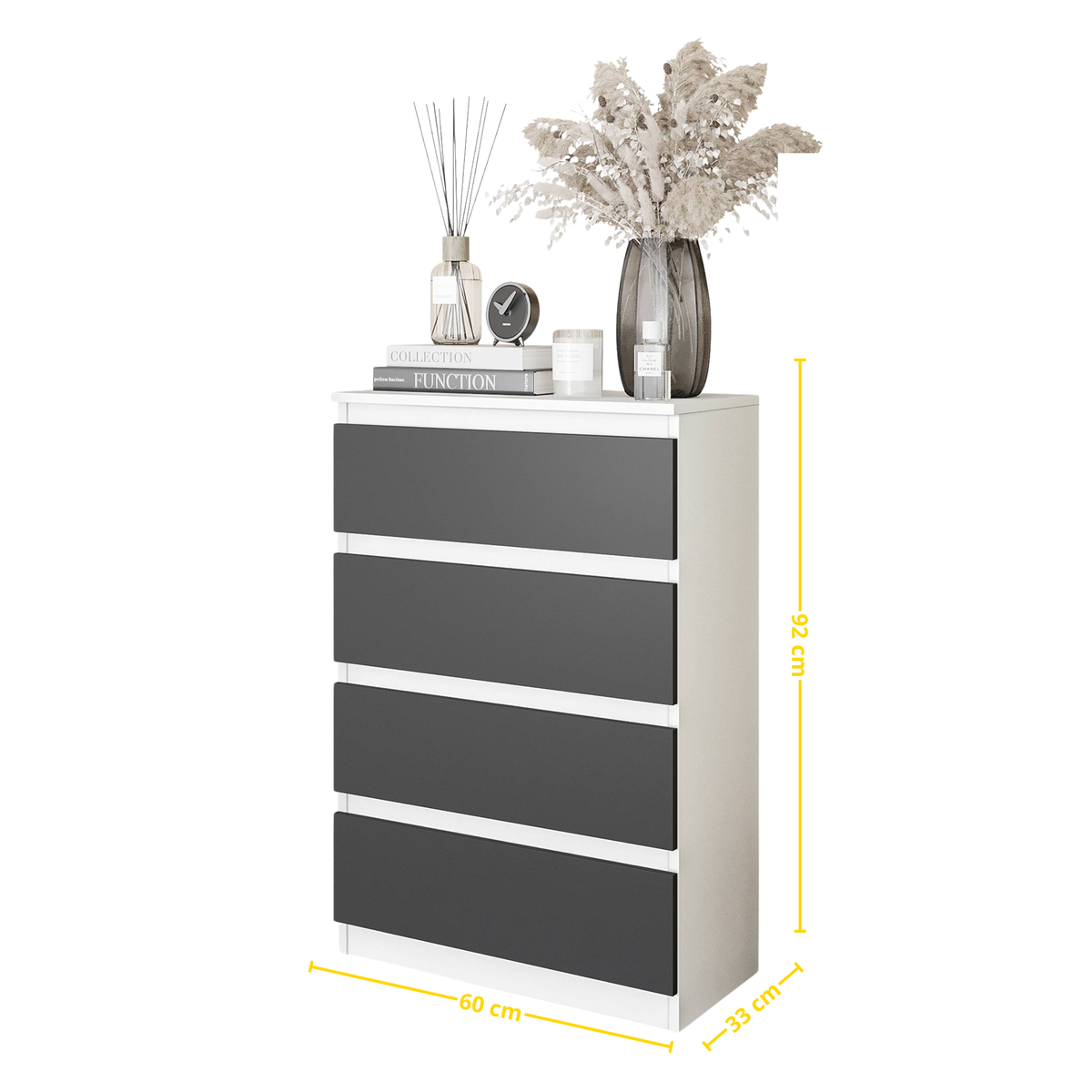 GABRIEL - Komoda s 4 zásuvkami - Skrinka na oblečenie do spálne - Biela matná / Antracit - V92cm Š60cm H33cm (2)