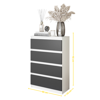 GABRIEL - Komoda s 4 zásuvkami - Skrinka na oblečenie do spálne - Biela matná / Antracit - V92cm Š60cm H33cm (2)