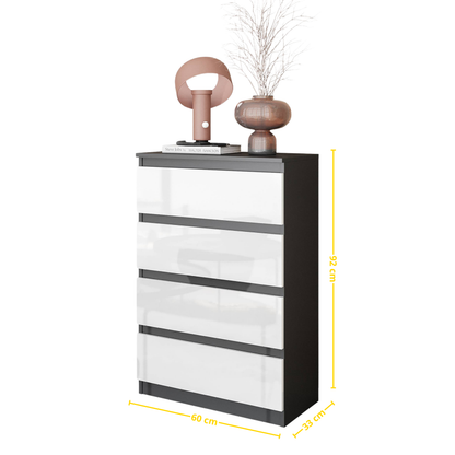 GABRIEL - Komoda s 4 zásuvkami - Skrinka na oblečenie do spálne - Antracit / Biely lesk - V92cm Š60cm H33cm (2)