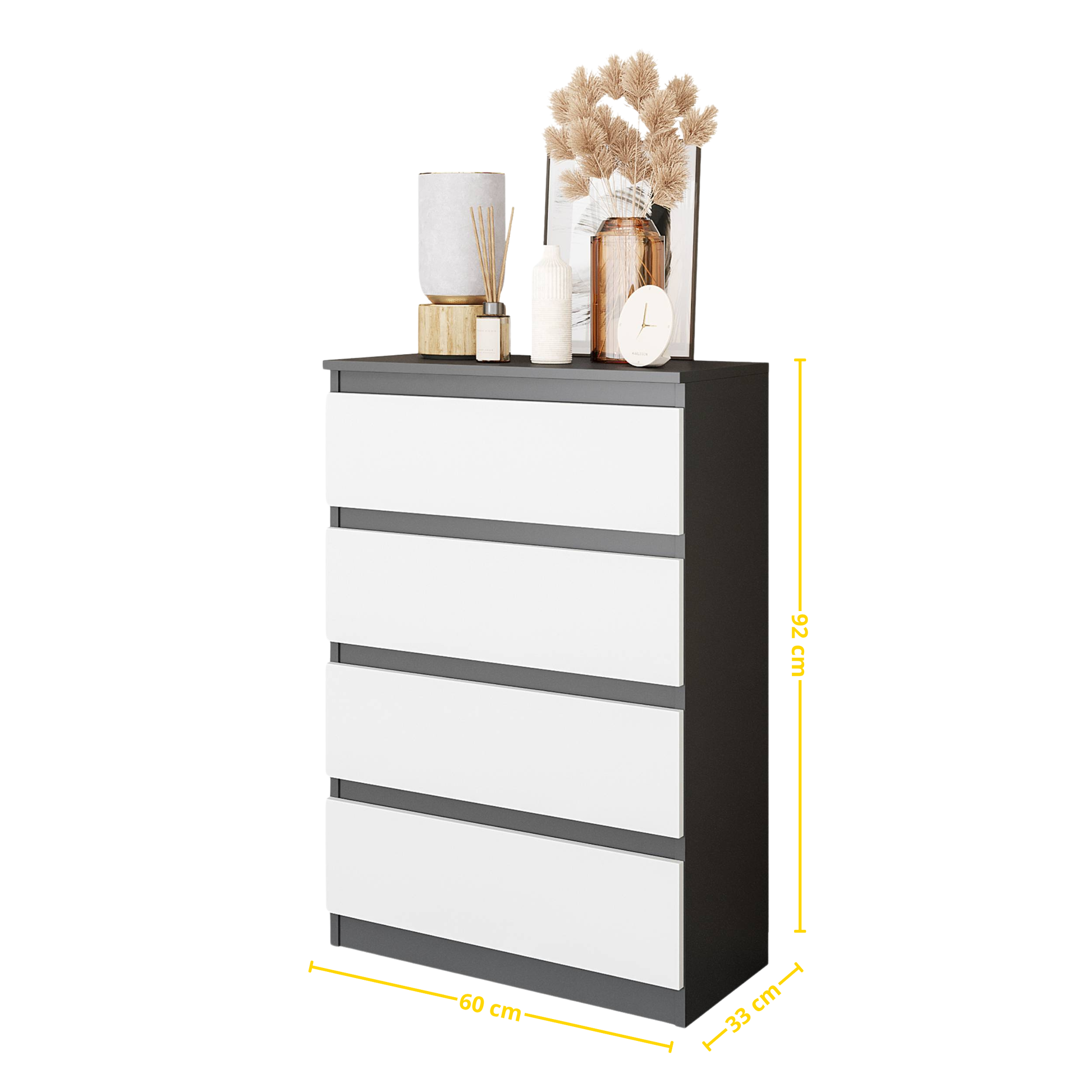 GABRIEL - Komoda s 4 zásuvkami - Skrinka na oblečenie do spálne - Antracit / Biela matná - V92cm Š60cm H33cm (2)