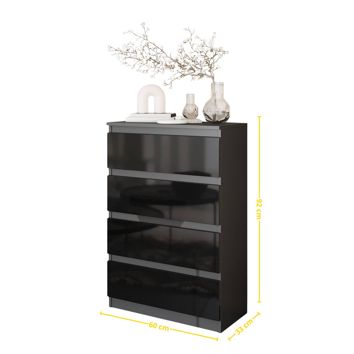 GABRIEL - Komoda s 4 zásuvkami - Skrinka na oblečenie do spálne - Antracit / Čierny lesk - V92cm Š60cm H33cm (2)