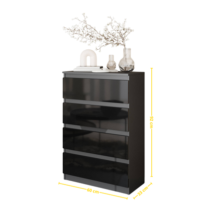 GABRIEL - Komoda s 4 zásuvkami - Skrinka na oblečenie do spálne - Antracit / Čierny lesk - V92cm Š60cm H33cm (2)