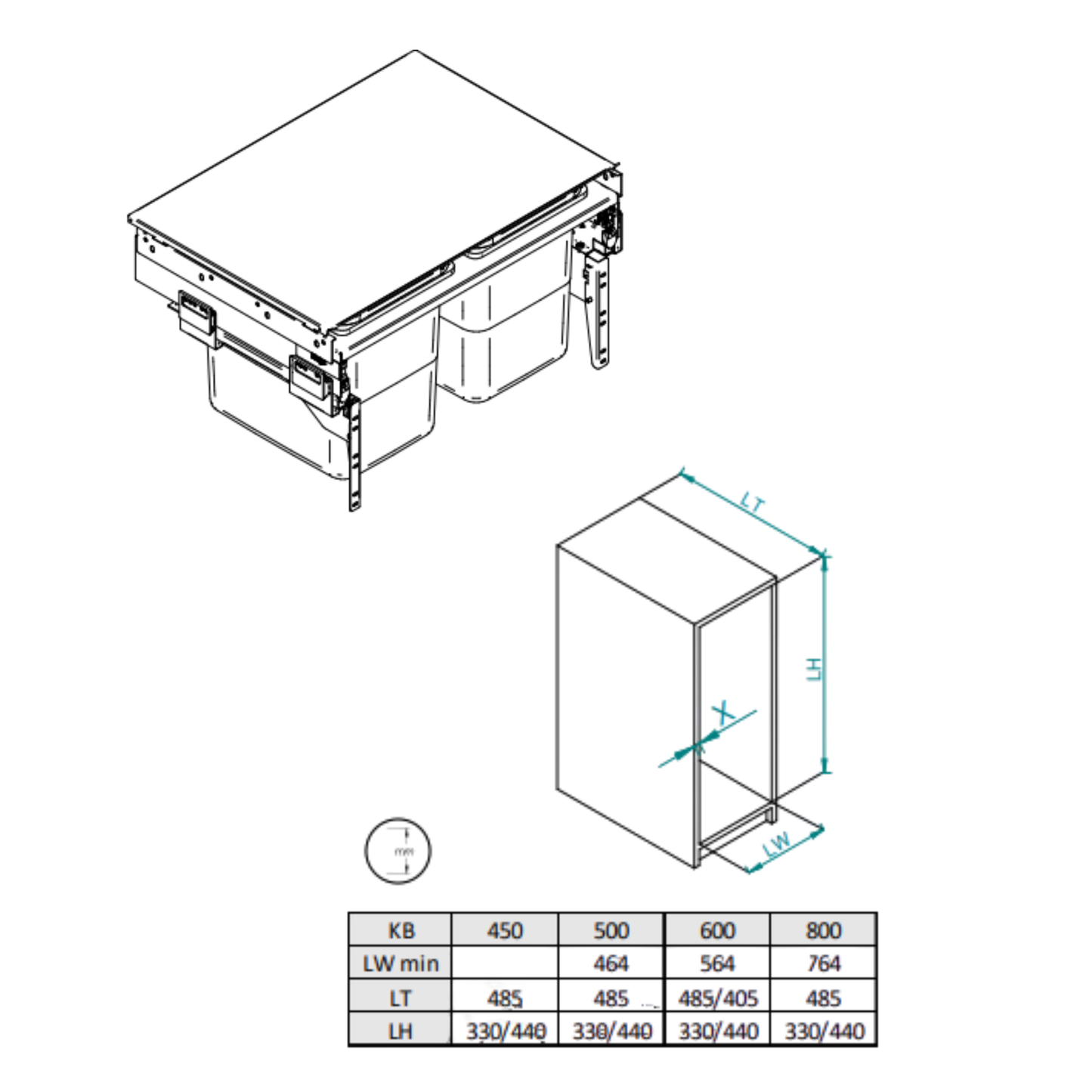 Kôš na triedený odpad 2x15 l - skrinka 45 cm, hĺbka 480 mm, výška 320 mm - antracitovo-sivá