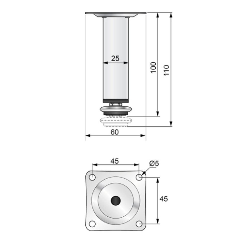Štvorcová noha nábytku 25x25mm - H100mm Satén (2) – Furnica