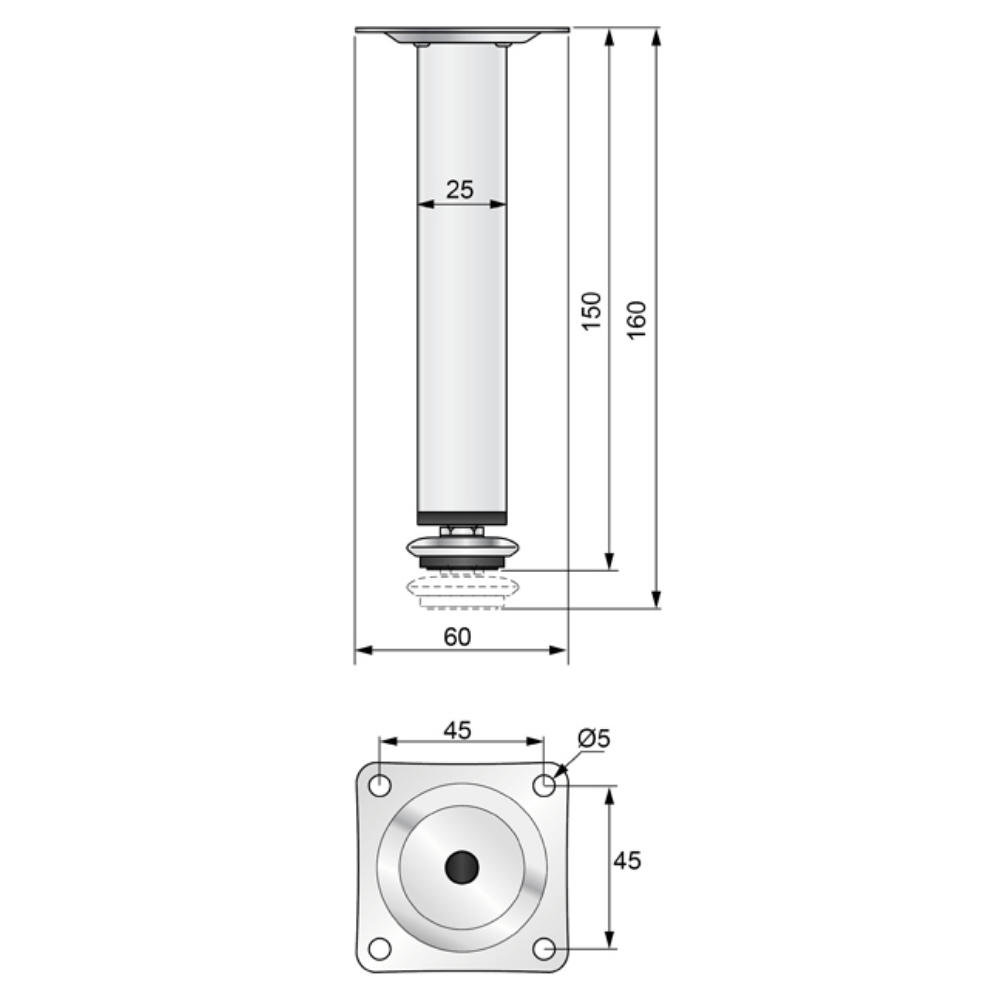 Štvorcová noha nábytku 25x25mm - H150mm chróm (2) – Furnica