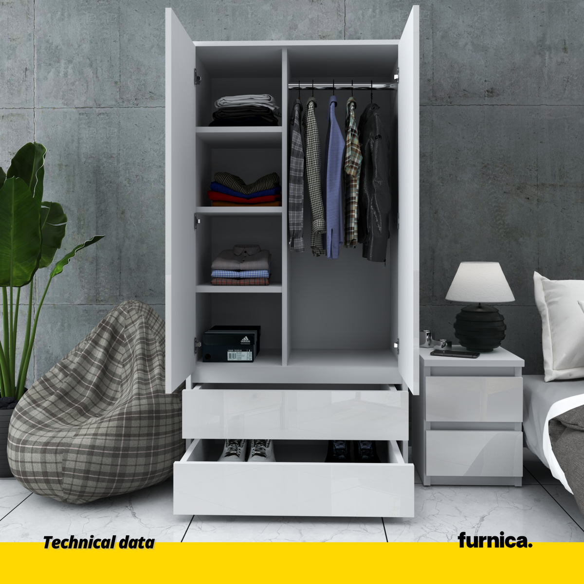 JOELLE - Skriňa s dvomi dverami a dvoma zásuvkami - Biela matná / Biela lesklá H180cm Š90cm H50cm (3) – Furnica