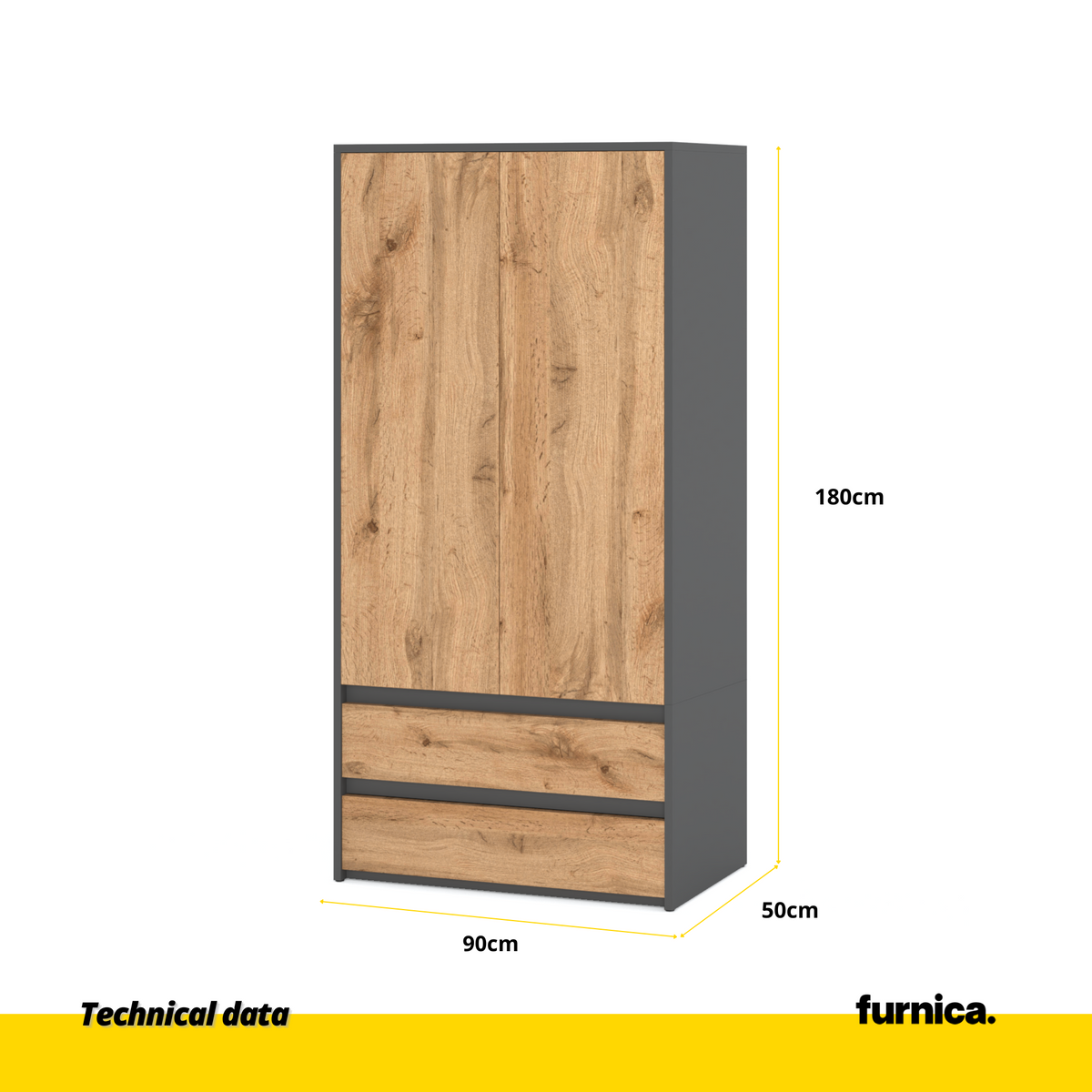 JOELLE - Skriňa s dvomi dverami a dvoma zásuvkami - Antracite / Wotan Oak H180cm W90cm D50cm (2) – Furnica