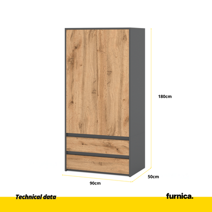 JOELLE - Skriňa s dvomi dverami a dvoma zásuvkami - Antracite / Wotan Oak H180cm W90cm D50cm (2) – Furnica