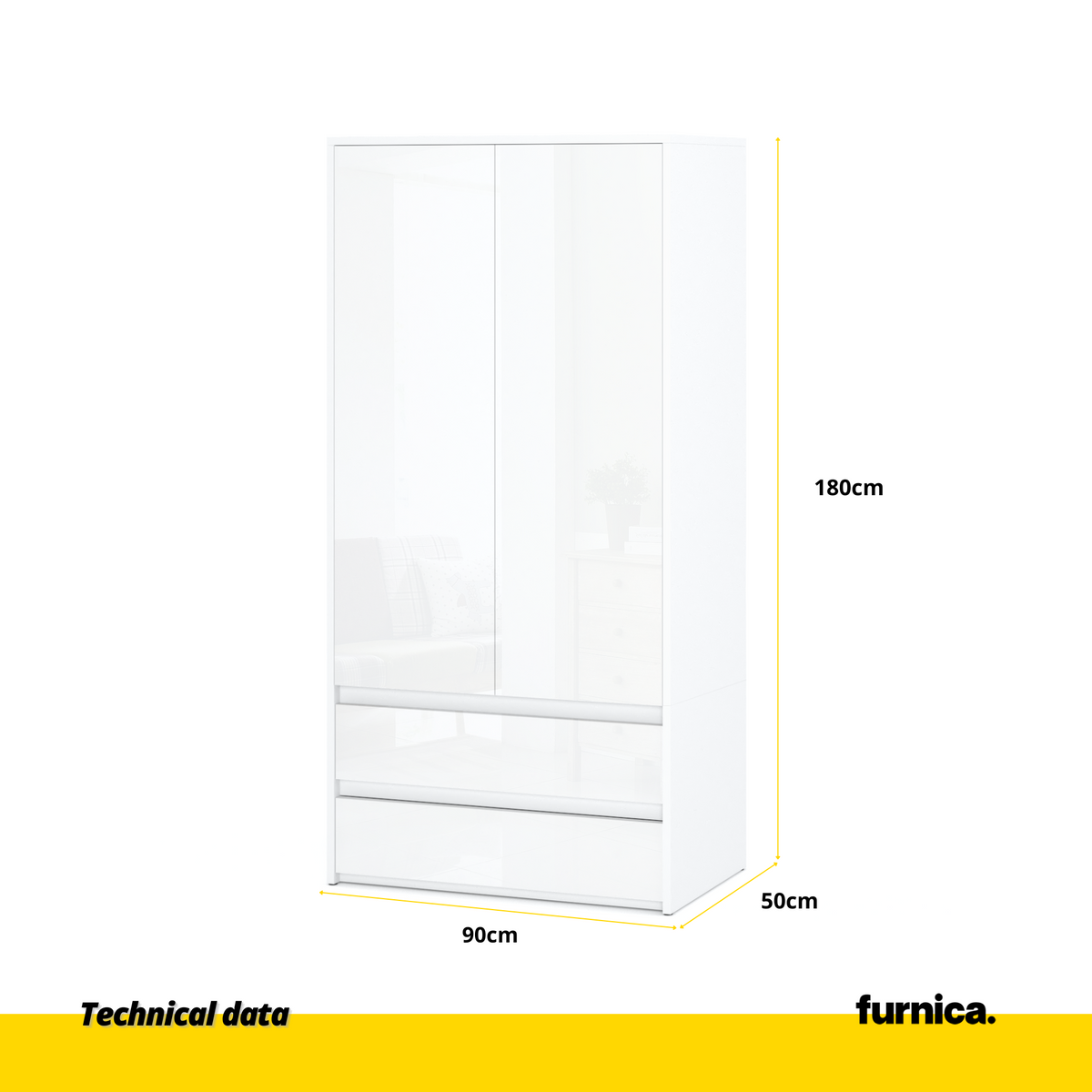 JOELLE - Skriňa s dvomi dverami a dvoma zásuvkami - Biela matná / Biela lesklá H180cm Š90cm H50cm (2) – Furnica
