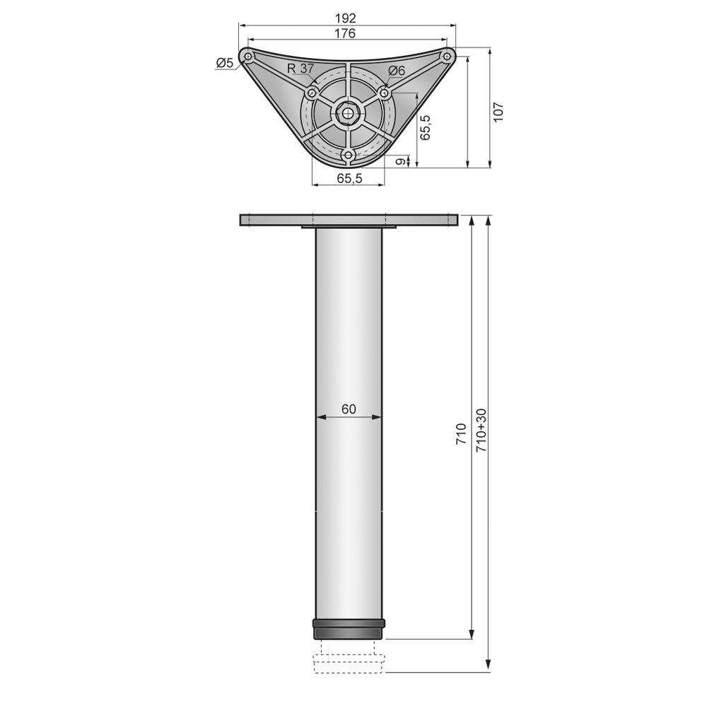 Nastaviteľná noha nábytku 710 mm - ZnAl montážna doska - chróm
