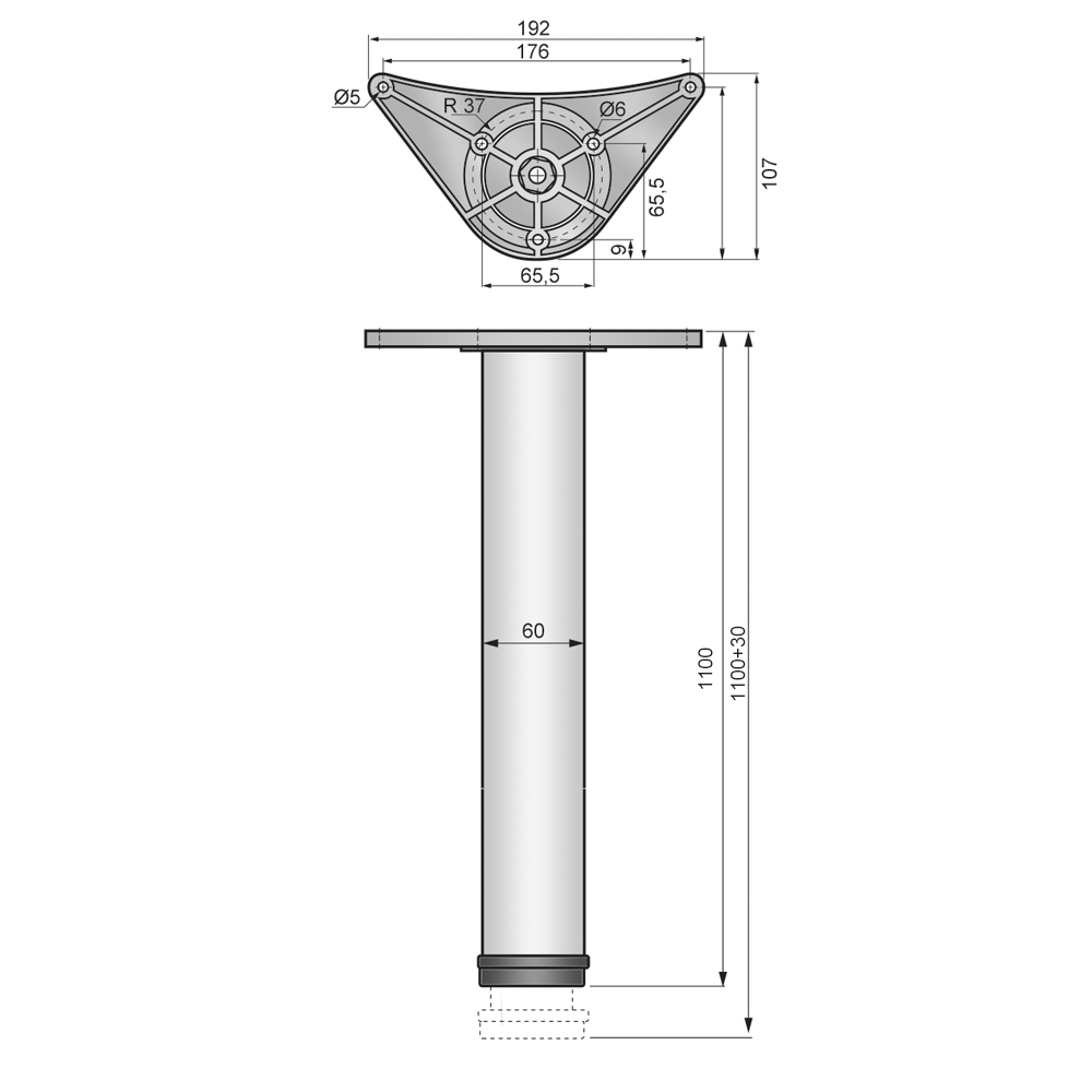 Nastaviteľná noha nábytku 1100 mm - ZnAl montážna doska - chróm