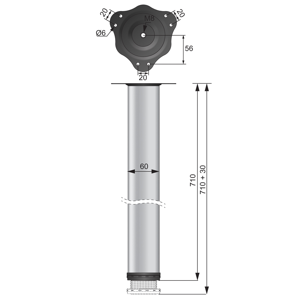 Nastaviteľná noha nábytku 710 mm - chróm