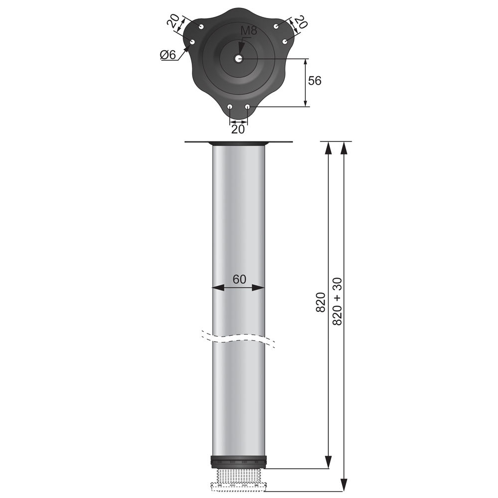 Nastaviteľná noha nábytku 820 mm - satén (2) – Furnica
