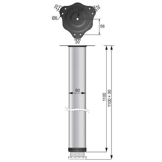 Nastaviteľná noha nábytku 1100 mm - oceľová montážna doska - hliník (2) – Furnica