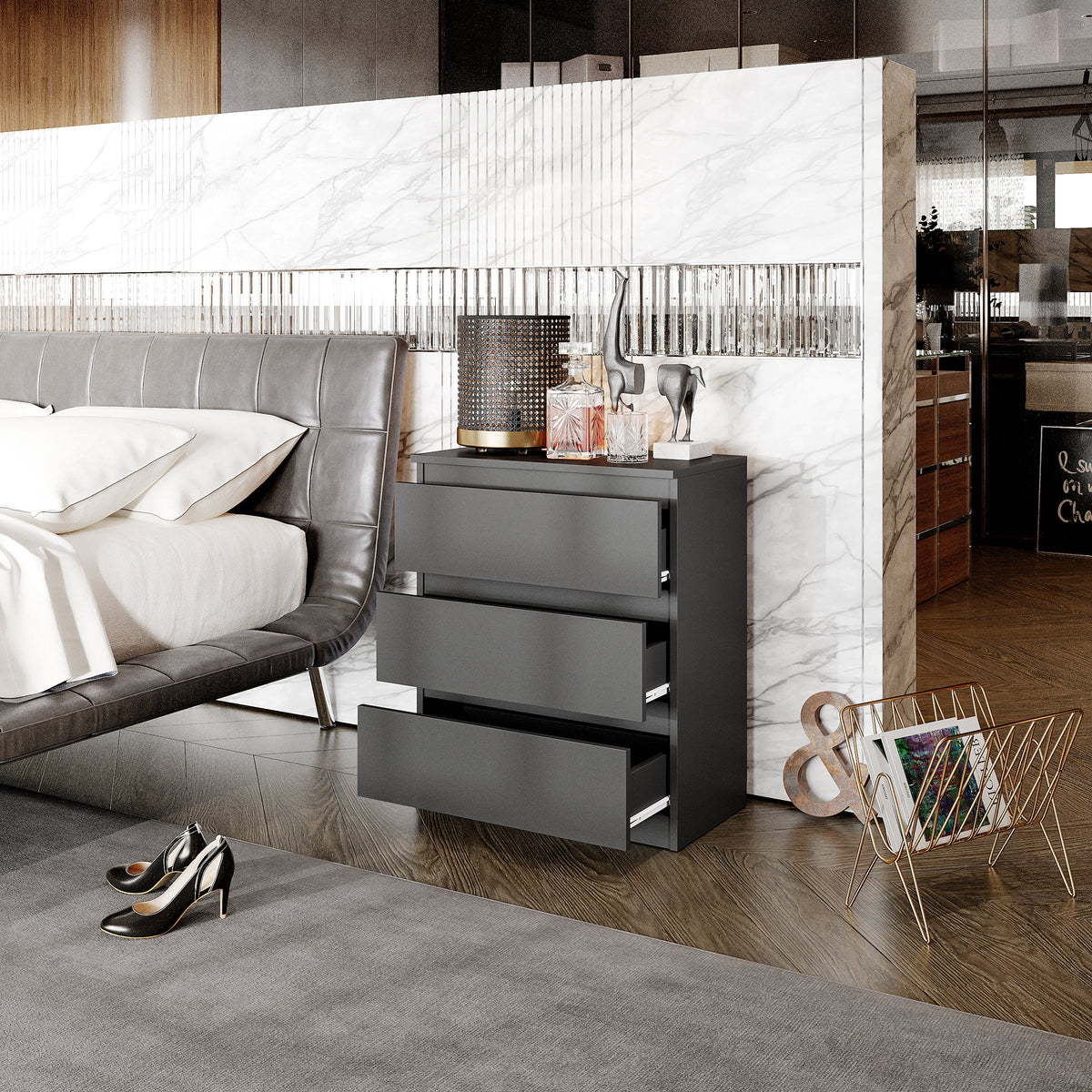 GABRIEL - Komoda s 3 zásuvkami - Skrinka na oblečenie do spálne - Antracit - V72cm Š60cm H33cm (3)