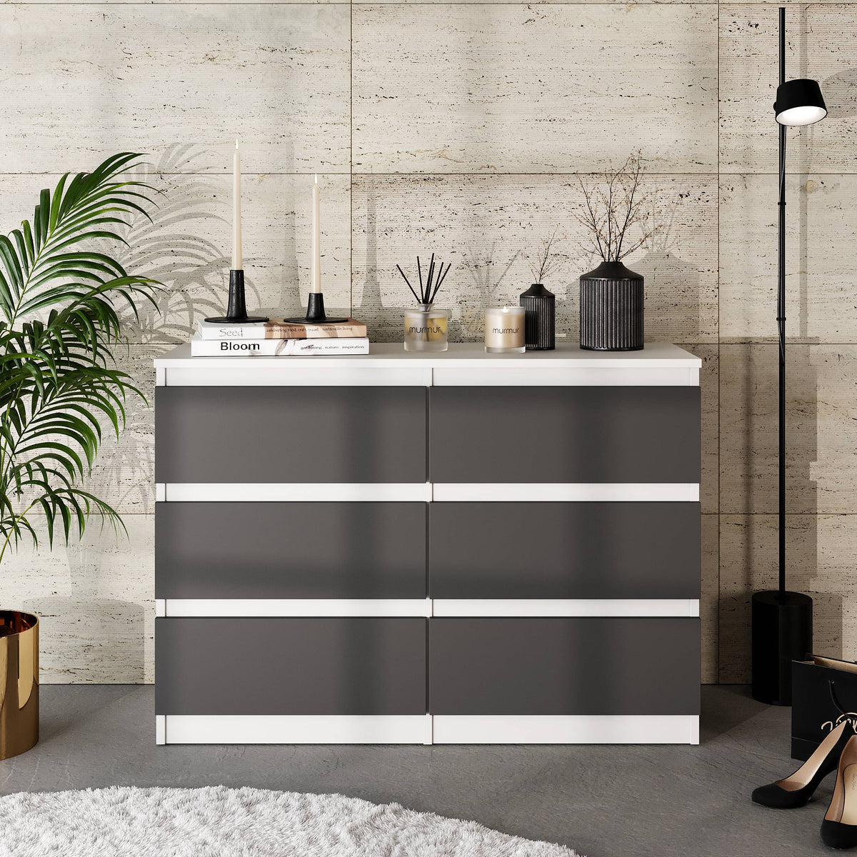 GABRIEL - Komoda s 6 zásuvkami - Skrinka na oblečenie do spálne - Biela matná / Antracit - V71cm Š100cm H33cm (3)