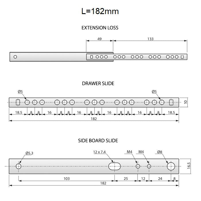 Výsuvné lišty s kuličkovými ložiskami 182 mm - H17 (pravá a ľavá strana)