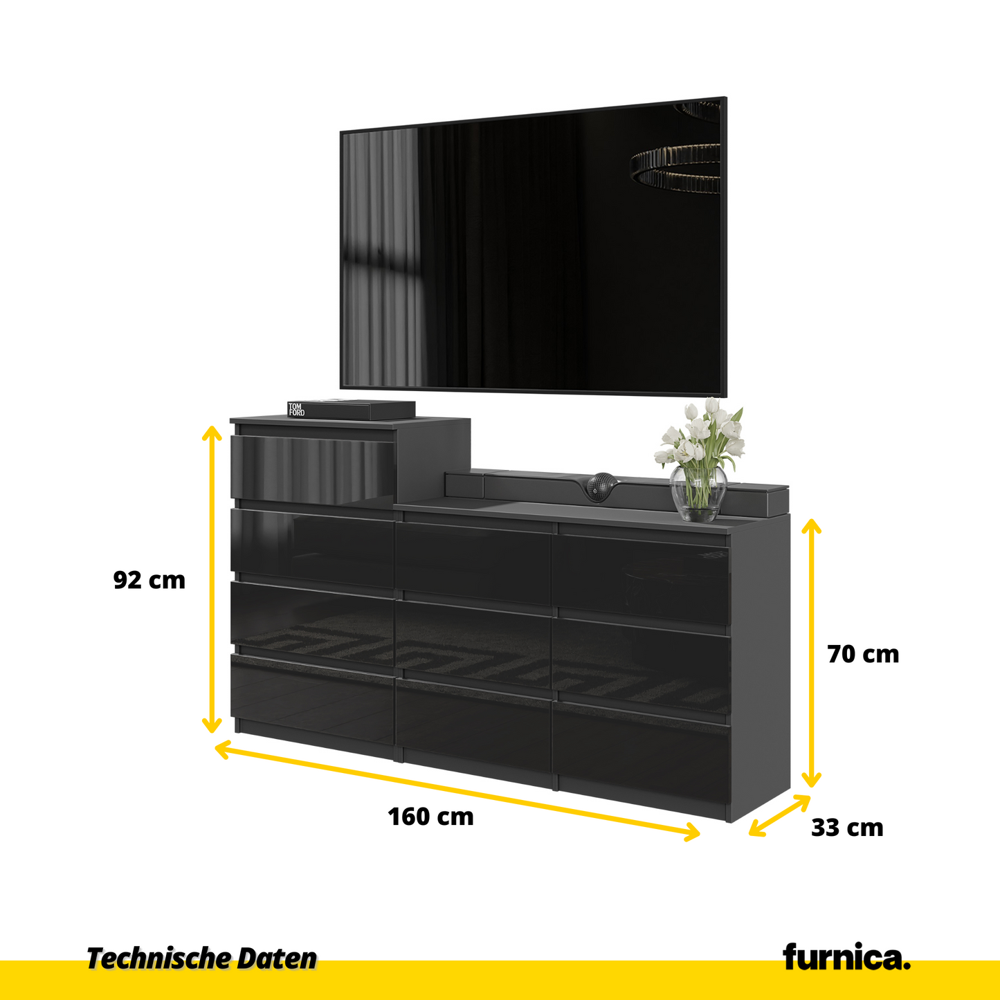 GABRIEL - Komoda s 10 zásuvkami (6+4) - Skrinka na oblečenie do spálne - Antracit / Čierny lesk - V92/70cm Š160cm H33cm (2)