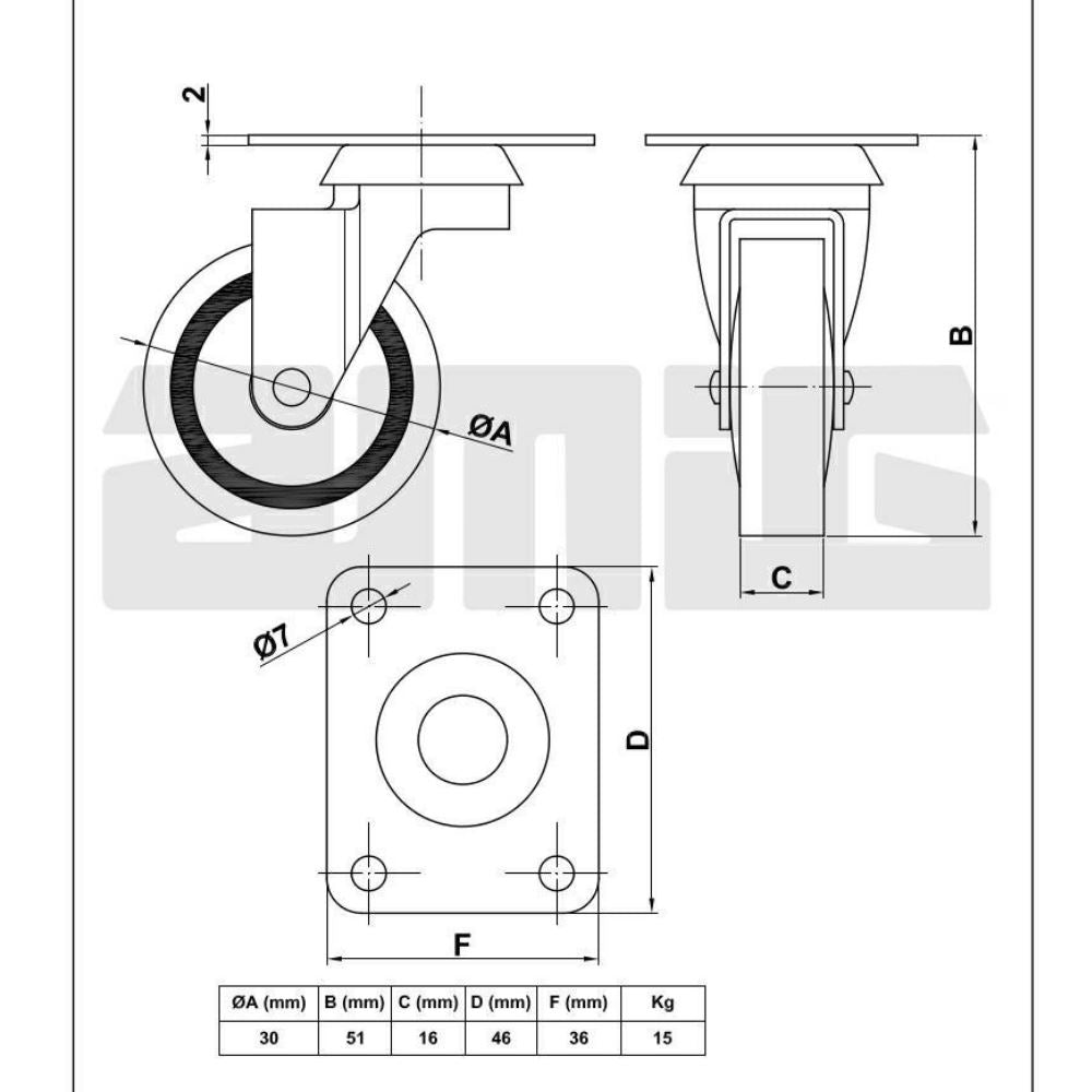 Gumové koliesko na otočný podstavec Ø30mm